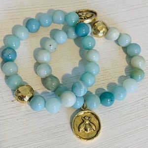 Amazonite Beads with Gold Bee Charm Stretch Bracelet